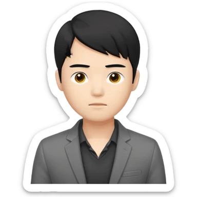 asian young man with black hair covering forehead in grey blazer and black t-shirt  sticker