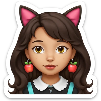 Remove the pink shirt so the character is only wearing a cute collar. Keep her medium Hispanic skin tone, long dark wavy hair, and cat ears without a headband. Maintain apple emoji style with transparent background. sticker