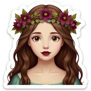 girl with long brown hair with flower crown, wine-colored lips, antique oil painting tones sticker