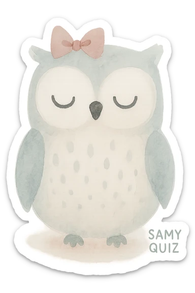 owl with bow and text 'SAMY QUIZ' in the same color palette as the reference image, watercolor style sticker