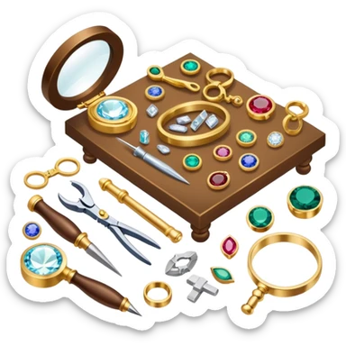 Create an icon that represents the art of jewelry making. The design should include a jeweler's workbench, tools like pliers, a magnifying glass, and various precious materials such as gemstones, gold, and silver. Feature a partially crafted piece of jewelry, like a ring or necklace, showcasing intricate details and craftsmanship. The composition should evoke elegance and precision, reflecting the skill and artistry of jewelry making. The background should be transparent. sticker