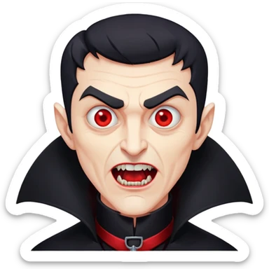 Nam 50 tuổi, mắt đỏ, da trắng, tóc ngắn màu đen,mồm mở rộng, có răng nanh, mặt hơi đáng sợ như ma cà rồng, áo măng tô cổ cao màu đen, nửa thân trên sticker