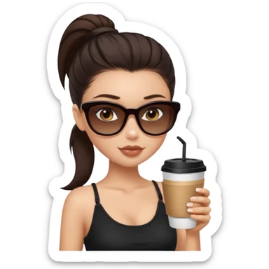 generate a pretty fair bratz girl with dark brown eyes, dark brown eyes tied into a slick back ponytail, thin brown sunglasses. Wearing a black cami top and drinking coffee sticker