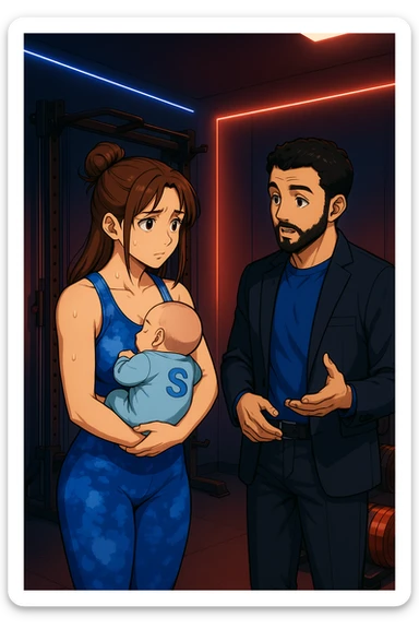 ispirati a questo stile di disegno e fai questa immagine in versione manga/webtoon a colori, il manga mostra la donna preoccupata con un neonato in braccio con una tutina azzurra e la scritta "S" sulla schiena, mentre ascolta l'uomo mentre l'uomo gli sta spiegando una cosa, ma non fare i fumetti, fai come se stessero parlando sticker