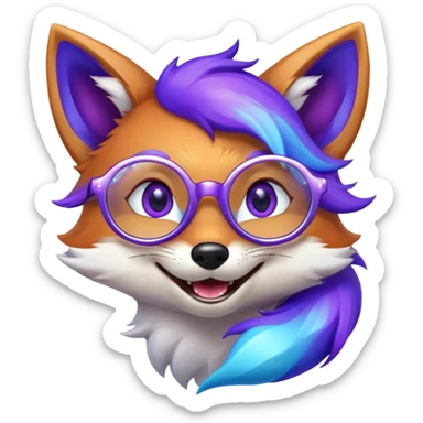 A magical fox with shimmering purple and blue fur, a glowing tail, a silver star on its forehead, and round glasses, laughing so hard that tears are streaming from its eyes. 🦊😂 sticker