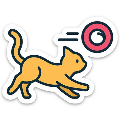 A cat chasing a ball that looks like the Enso speedrun logo sticker
