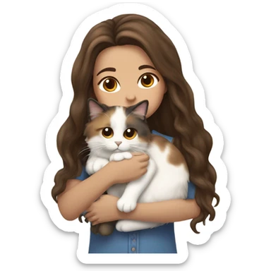 brunette girl with long wavy hair snuggling Calico ragdoll cat sticker