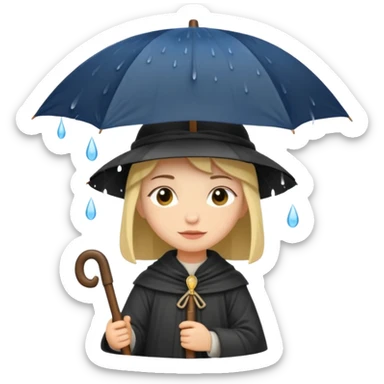 vorrei un piccolo pellegrino medievale in stile stickers sotto la pioggia con un grande ombrello sticker
