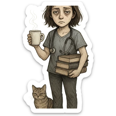 tired woman with shoulder-length brown hair, pale skin, gray eyes, holding a coffee cup, stethoscope around neck, stack of books, cat at feet sticker