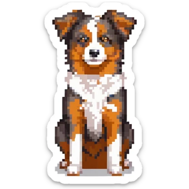 Aussie Shepherd dog, pixel art style, small size, recognizable markings, standing pose sticker