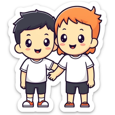 playful group of two short people cartoon sticker style, minimal or no clothing, non-explicit, suitable for general audience sticker