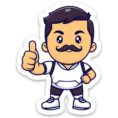 Recep İvedik in famous thumbs up pose, mustache, unibrow, wearing sportswear, exaggerated facial expression sticker