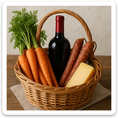 a basket filled with carrots, a bottle of wine, sausages, and a cheese, all visible and arranged together sticker