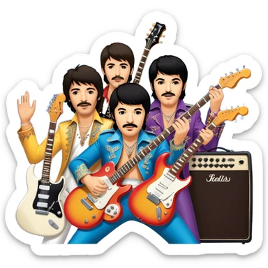 Rock music icon: dynamic collage of global rock legends like The Beatles, Jimi Hendrix, Elvis Presley, Freddy Mercury and Curt Cobane, surrounded by guitars, amplifiers, and stage lights. Symbolizing the energy and power of rock music. Transparent background. sticker