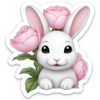 cute white bunny holding light pink peonies sticker