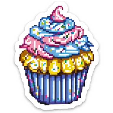 giant cupcake with pink icing and colorful sprinkles, striped cupcake wrapper, pixel art style sticker