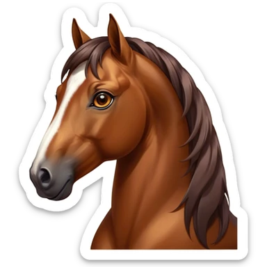 Cinematic Elegant Bay Horse Portrait Emoji, Head held high with a serene, majestic gaze, showcasing a magnificent bay fur with a rich, lustrous sheen, a flowing mane and tail, and radiant amber eyes that exude beauty and grace, Simplified yet majestically refined features, highly detailed, glowing with a soft, ethereal light, high shine, poised and breathtaking, stylized with an air of pure elegance, capturing the essence of a stunning and graceful steed, so beautiful it feels like it could gallop out of the screen with effortless charm! sticker