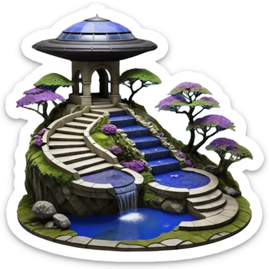 Crashed Alien saucer poolhouse jungle winding narrow stairway fountain lakeside mountainside -island getaway nighttime landscape antique mudman very old broken cracked intricate Stone Age lapis-crusted irregular dodecagon-shaped shallow dark moss rough bark violet serissa flowered maple tree bonsai sticker