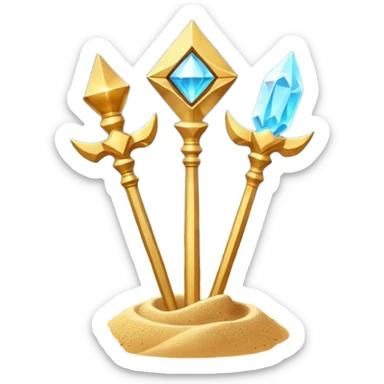 ancient pharaoh sand staff object icon, golden staff with Egyptian symbols, sandstone crystal headpiece, glowing desert aura, floating sand particles, 3D cartoon, mobile game icon style, centered, clean background, no text, no watermark
 sticker