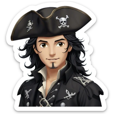 A charismatic pirate with wavy black hair tousled by the sea breeze. His black tricorn hat, embroidered with silver, casts a shadow over his confident features. Dark eyes glint with mischief as he gazes to the side, a knowing smile on his lips. His fitted black coat, adorned with silver buttons, sways in the wind, revealing glimpses of a deep-crimson waistcoat. A silver chain dangles from his belt sticker