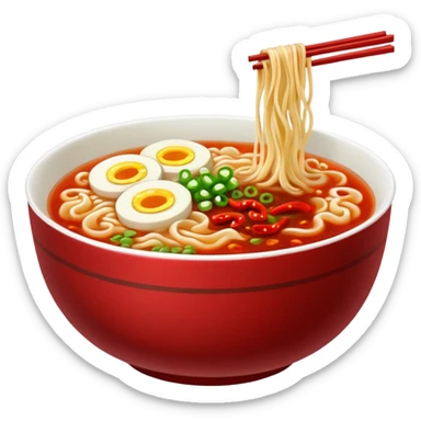 steaming ramen bowl with red broth and chili slices sticker