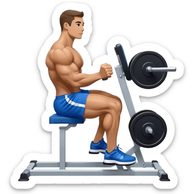 side-view bodybuilder in blue shorts seated weighted calf-raise machine on his tip toes sticker