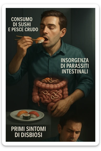vertical realistic illustration of a man consuming sushi and raw fish, with a visual progression showing the onset of intestinal parasites and early symptoms of dysbiosis, clinical atmosphere, dramatic lighting, Italian captions, aspect ratio 2:3 sticker