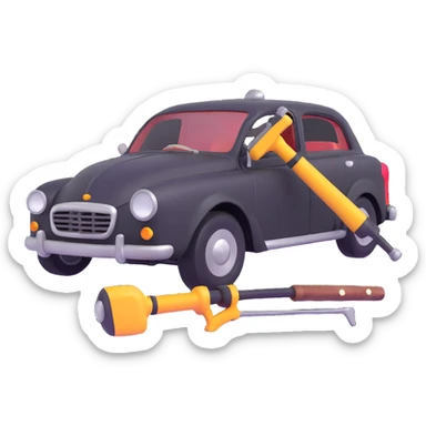 elegant car with a visible dent and dent repair tools like a lever and small hammer for Paintless Dent Repair (PDR) sticker
