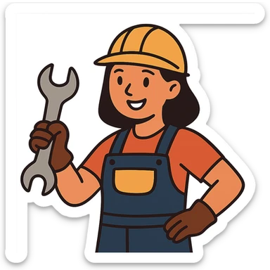 flat toon style woman construction worker smiling, holding a wrench, no background sticker