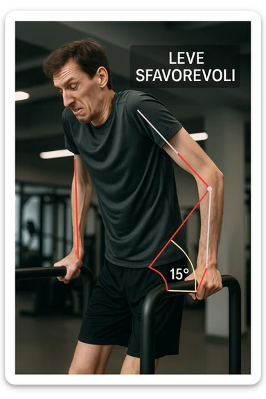 a tall, lean man with very long arms and a short torso attempts a dip on parallel bars. His elbows are deeply bent and his body appears awkwardly positioned, highlighting the mechanical disadvantage. An overlay shows anatomical lines and angles, with labels explaining “Leve Sfavorevoli” The background is a modern gym, with a focus on biomechanics. in italiano sticker