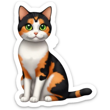 American shorthair calico cat with big green eyes and black fur on the right side of their face and orange on the left side sitting down sticker