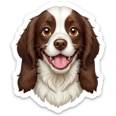 Cinematic Comical Springer Spaniel Portrait Emoji, Head tilted dramatically with an exaggeratedly amused expression, featuring a striking liver and white Fur with dynamic patterns, wide, expressive brown eyes filled with playful disbelief, Simplified yet hilariously expressive features, highly detailed, glowing with a slightly sassy glow, high shine, dramatic yet playful, stylized with an air of cheeky mischief, bright and endearing, soft glowing outline, capturing the essence of a spirited and over-the-top companion, so meme-worthy it feels like it could side-eye its way into internet fame instantly! sticker
