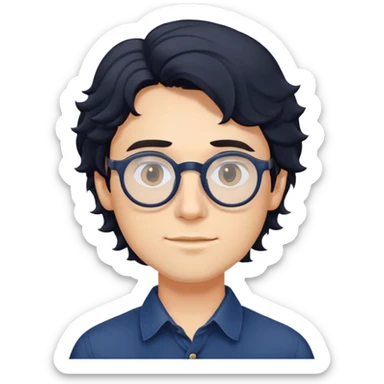 Upper body only of young caucasian man with longer wavy black hair, round glasses, wearing comfortable dark blue buttoned shirt sticker