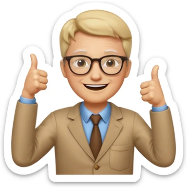 un PROFESOR que este parado con sus lentes guiñando el ojo y CON LAS MANOS HACIA ARRIBA DANDO LIKE sticker