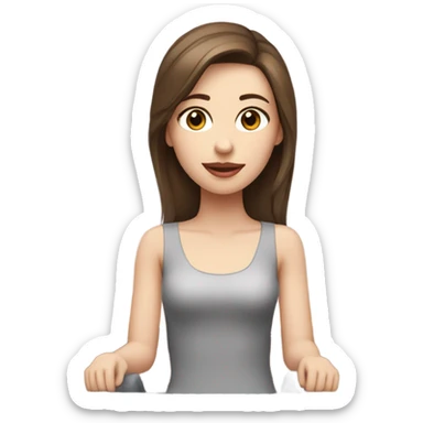 Pretty girl with brown hair, brown eyes, pale skin and pink lips  is sitting on a desk with a computer sticker