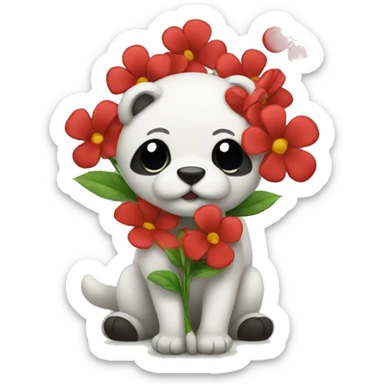 red pand holds a flower sticker
