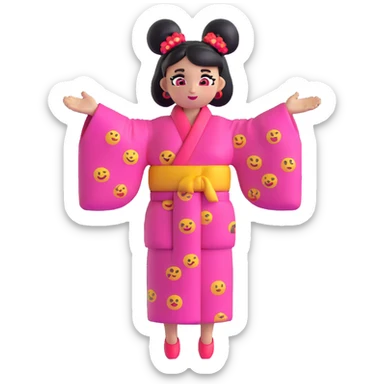 fun emoji character, two large black space buns, vibrant kimono-inspired dress in pink red and black, exaggerated sleeves, bright makeup, wide-eyed sassy expression, energetic pose sticker