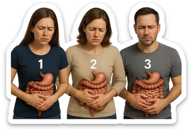 emoji stile iphone di 3 persone, due donne e un uomo, con intestino realistico e mal di pancia, sulle donne ci sono i numeri 1, 2 e sull'uomo il 3, iperrealistico 4k sticker