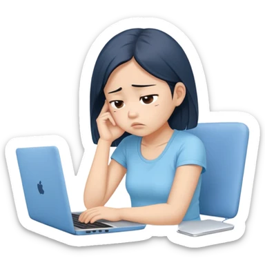 Create an emoji of a tired girl of Asian descent in a baby blue top, sitting at a laptop, looking exhausted and frustrated. They have slouched posture, representing overwork and burnout. sticker