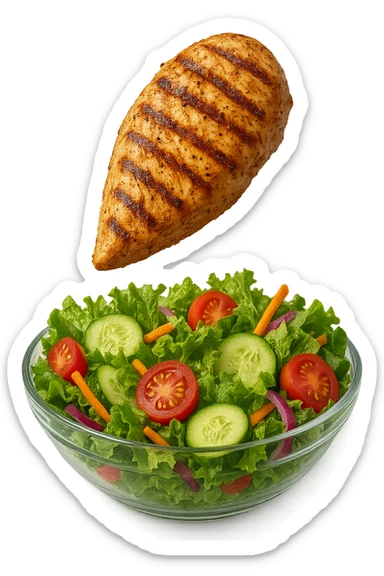 INSALATA CON PETTO DI POLLO GRIGLIATO CHE CADE DALL'ALTO, IPERREALISTICO 4K sticker