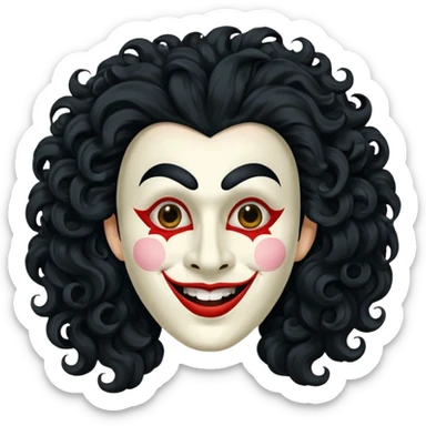 generate theatre mask emoji with a big curly black hair 

wide black smile, long and pointy white nose sticker