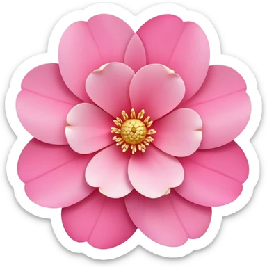camellia flower, flat design, 5 layered pink petals with soft gradient, golden stamen in center, minimal outline, clean circular shape, pastel colors sticker