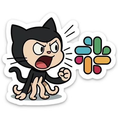 A fun scene of Github's Octocat shouting at the Slack logo, exaggerated expression, tech mascot crossover, playful and expressive, fun tech sticker, cartoon style, energetic, humorous, dynamic and lively sticker