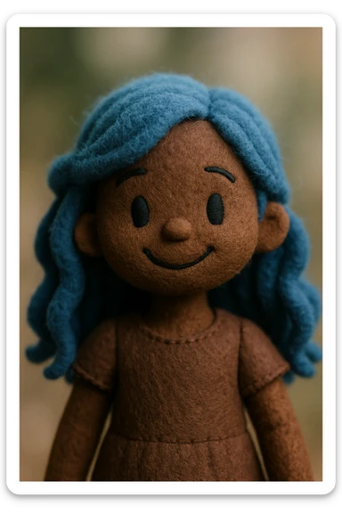 blue haired dark skinned girl, wavy long hair, cheerful smile, upper body portrait sticker