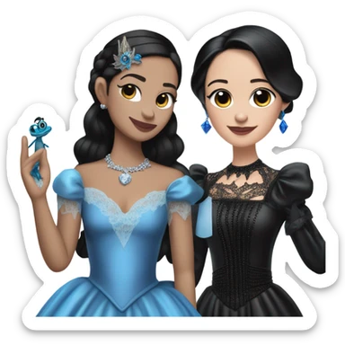 relaxed low-cut back silky black evening ball gown with lace gloves, Jenna Ortega as Wednesday Addams wearing a mini diamond tiara showing off a cute blue horned dragon hand puppet sticker
