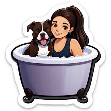 Beautiful young girl just slightly overweight with long dark choppy hair cascading over her shoulders holding her black iPhone with her medium brown dog with an under bath. It looks like a pitbull laying beside her. sticker