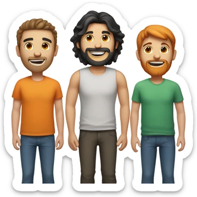 Happy guy with two friends. One with a beard and black long hair. One with short orange hair. One with medium brown hair  sticker