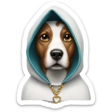 Dog with a hood on and a necklace sticker