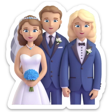 portrait of a bride with light brown hair and grey-blue eyes, and a groom with blonde hair, blue eyes, wearing a brown suit sticker