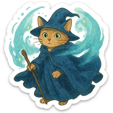 ghibli style wizard cat with a flowing cloak and magical aura sticker